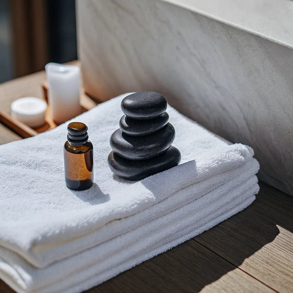 Close-up of hot basalt stones stacked on a folded white towel next to a small amber oil bottle, warm wood surface, soft da…