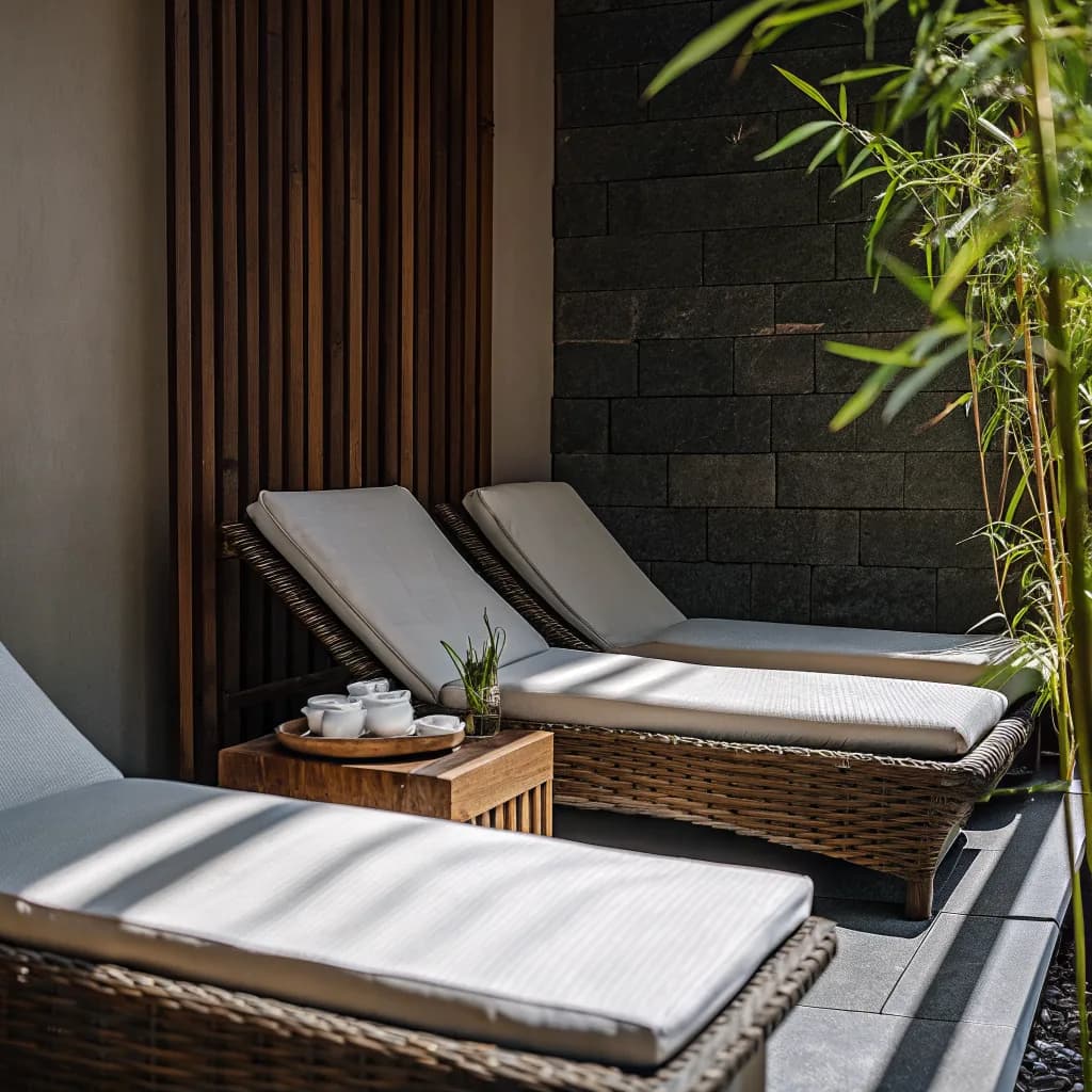 Spa relaxation lounge with two rattan loungers, linen cushions, a ceramic tea set on a low wooden table, tall plants, soft…