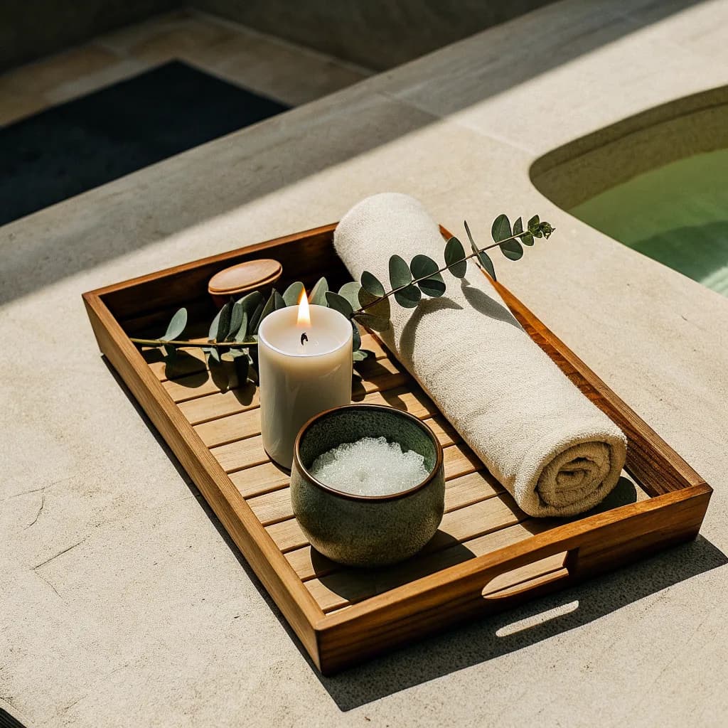 Detail of a wooden tray with a lit candle, dried eucalyptus, a ceramic bowl of sea salt and a rolled towel, warm tones