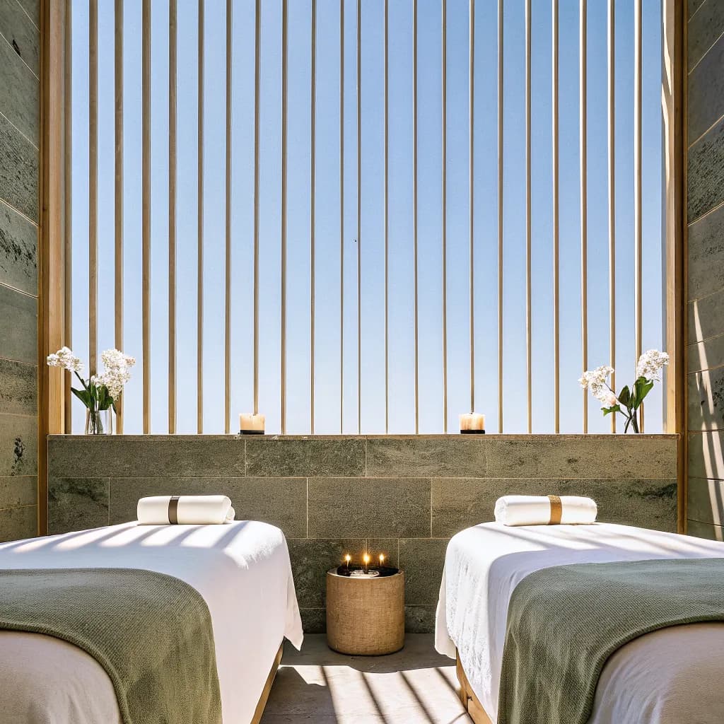 Couples massage room with two beds side by side, warm wooden slats on the wall, dim warm lamps, orchids, no people