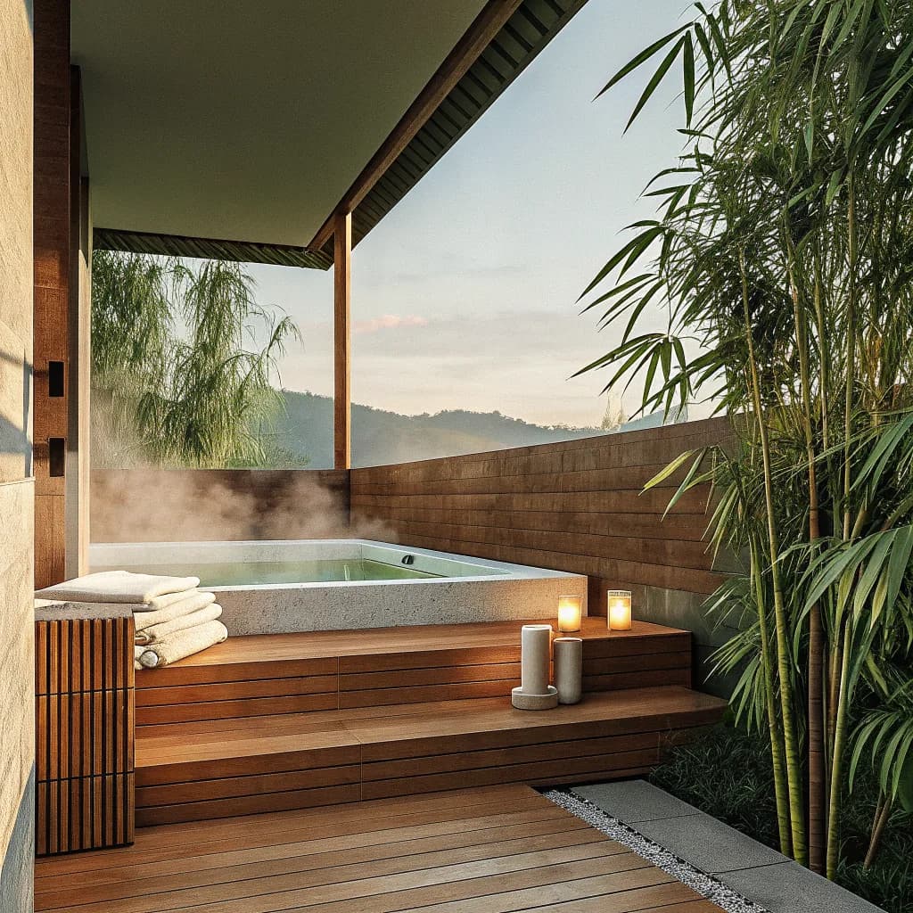 Outdoor jacuzzi terrace surrounded by tropical plants and bamboo, wooden deck, steam rising, golden hour light, Medellín h…