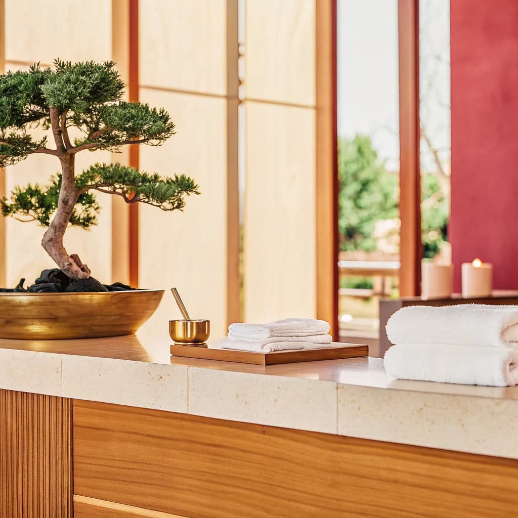 Spa reception counter in natural wood with a bonsai, a small brass singing bowl and a stack of white towels, soft daylight